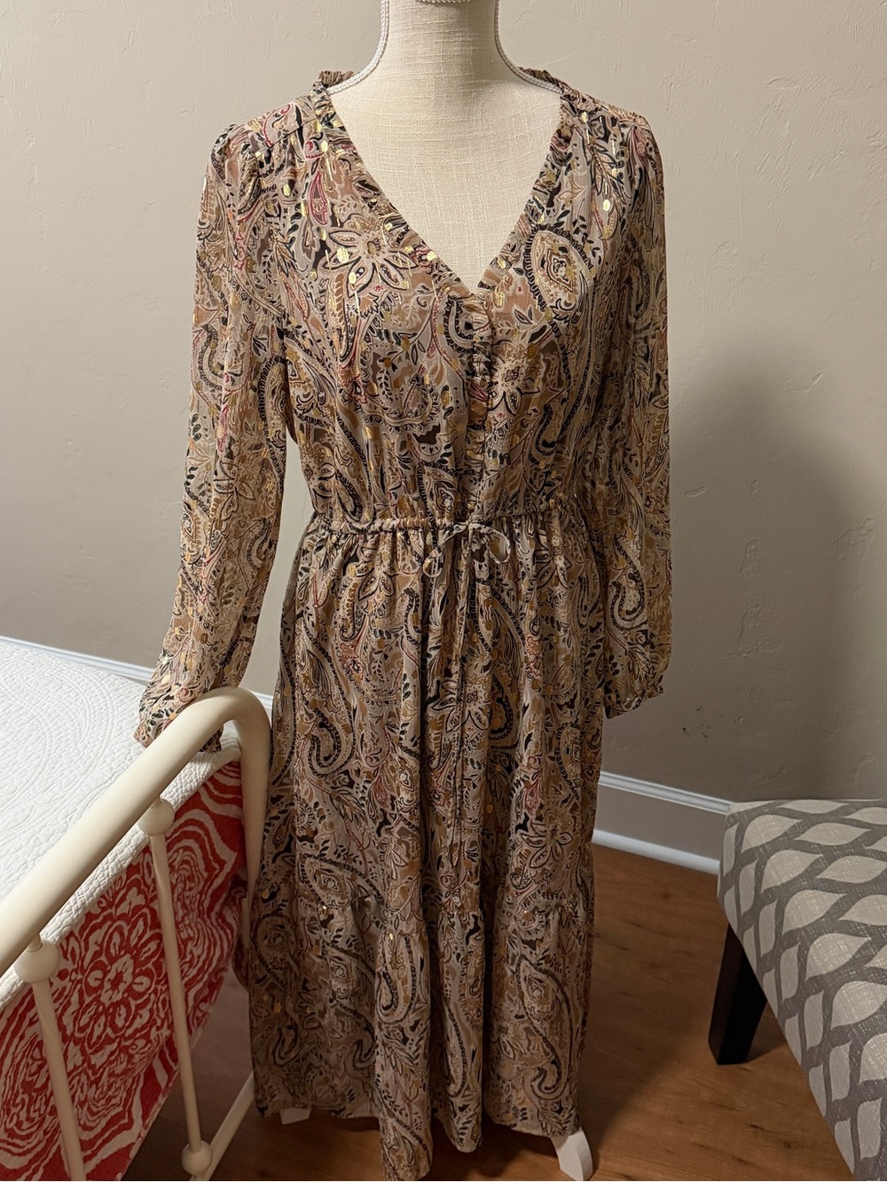 LOFT Taupe Paisley Metallic Fleck Tie-Waist Midi Dress Size M Boho Long Sleeve
